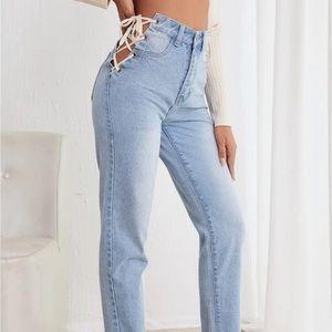 Side Lace Up Mom Jeans